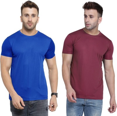 TQH Solid Men Round Neck Blue, Maroon T-Shirt