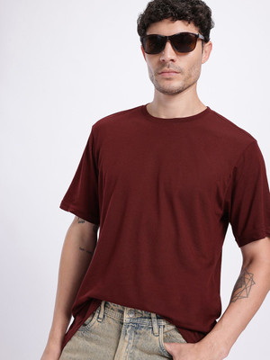Glitchez Solid Men Round Neck Brown T-Shirt