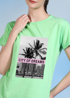 CHOZI Printed, Typography Women Round Neck Light Green T-Shirt