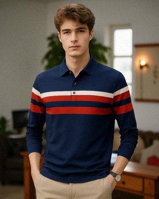 FASHIUM Solid Men Polo Neck Navy Blue T-Shirt