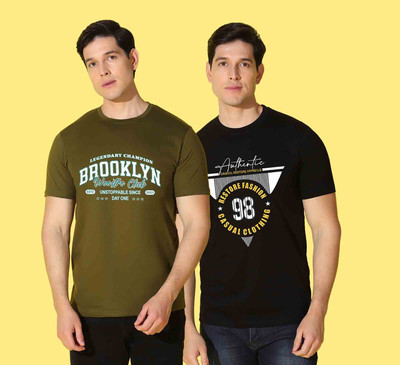 WOOSTRO Printed Men Round Neck Dark Green, Black T-Shirt