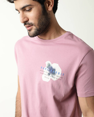 RARE RABBIT Printed, Typography Men Round Neck Pink T-Shirt