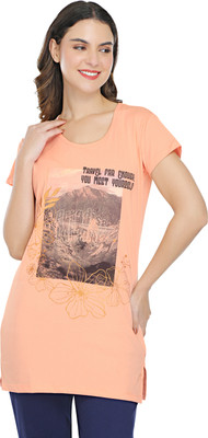 BODYACTIVE Printed Women Round Neck Pink T-Shirt