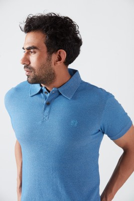 TEE BARREL Solid Men Polo Neck Blue T-Shirt