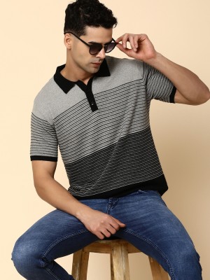 V-MART Striped Men Polo Neck Grey T-Shirt