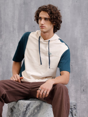 WROGN Solid Men Hooded Neck Navy Blue, Beige T-Shirt