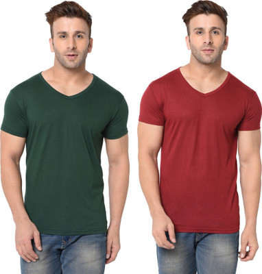 Adorbs Trend Solid Men V Neck Dark Green, Maroon T-Shirt