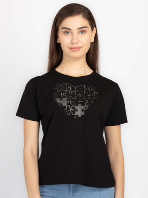 Status Quo Printed Women Round Neck Black T-Shirt
