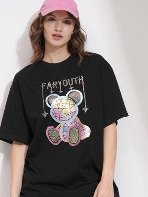 Tokyo Talkies Self Design Women Round Neck Black T-Shirt