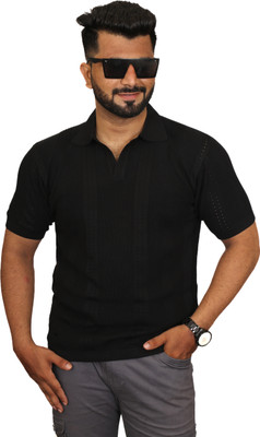 ANTMATCHER Self Design Men Polo Neck Black T-Shirt