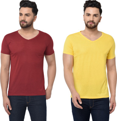 Tresna Fab Solid Men V Neck Maroon, Yellow T-Shirt