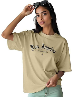 Stem Rope Printed Women Round Neck Beige T-Shirt