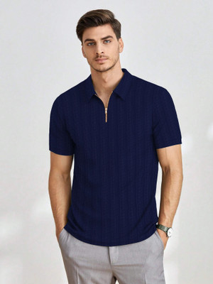 TEMUK Self Design Men Polo Neck Dark Blue T-Shirt