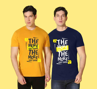 WOOSTRO Printed, Typography Men Round Neck Dark Blue, Yellow T-Shirt