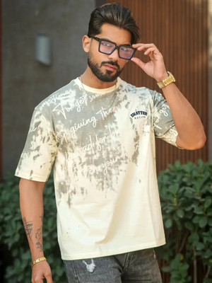 MANIAC Printed, Embroidered Men Round Neck Grey, Green T-Shirt