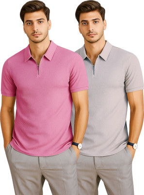 RMLKN Self Design Men Zip Neck Pink, Grey T-Shirt
