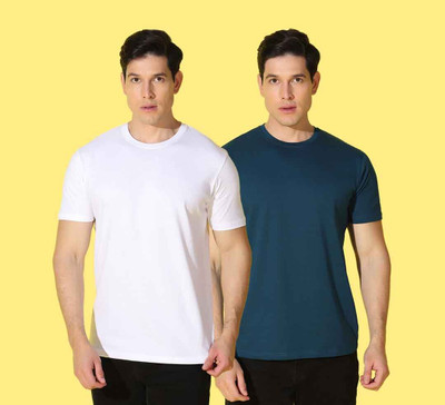 WOOSTRO Solid, Printed Men Round Neck White, Blue T-Shirt