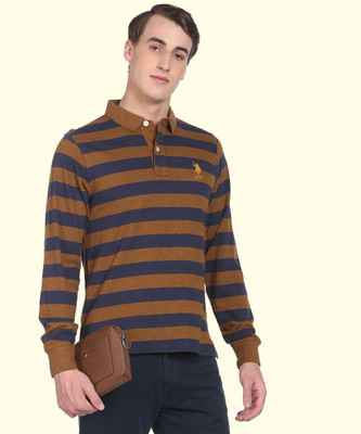 U.S. POLO ASSN. Striped Men Polo Neck Brown, Blue T-Shirt