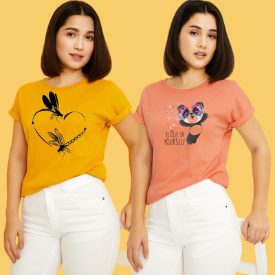 Kintu Parantu Printed Women Round Neck Yellow, Pink T-Shirt