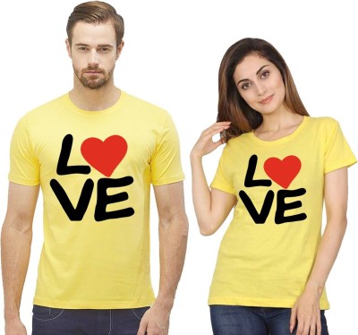 Couple Trends Graphic Print Couple Round Neck Yellow T-Shirt