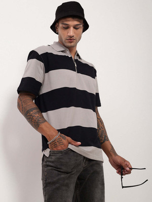 SHOWOFFFF Striped Men Polo Neck Grey T-Shirt