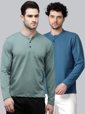 MADSTO Solid Men Henley Neck Green, Blue T-Shirt