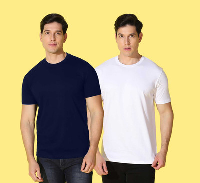 WOOSTRO Solid Men Round Neck Blue, White T-Shirt