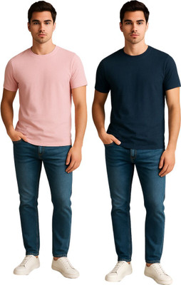 KART BLACK Solid Men Round Neck Dark Blue, Pink T-Shirt