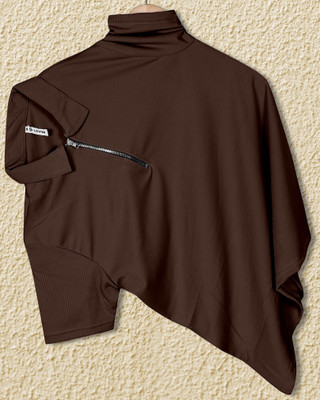 PRAIZY Solid Men Zip Neck Brown T-Shirt