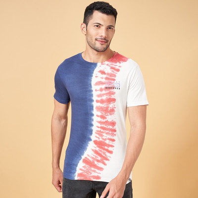 PEOPLE Tie & Dye Men Round Neck Dark Blue, White, Orange T-Shirt