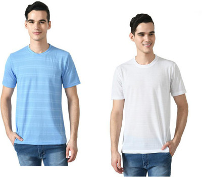 IndiWeaves Striped Men Round Neck White, Blue T-Shirt