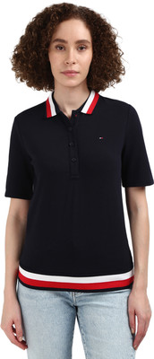 TOMMY HILFIGER Solid Women Polo Neck Navy Blue T-Shirt