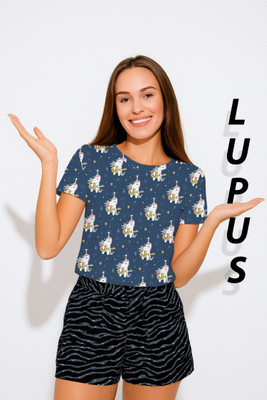 Gorangi Printed Women Round Neck Dark Blue T-Shirt