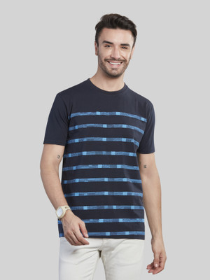 BE POSITIVE Striped Men Round Neck Navy Blue T-Shirt