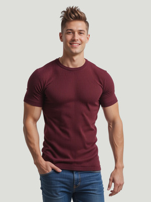 TeeWink Self Design Men Round Neck Maroon T-Shirt