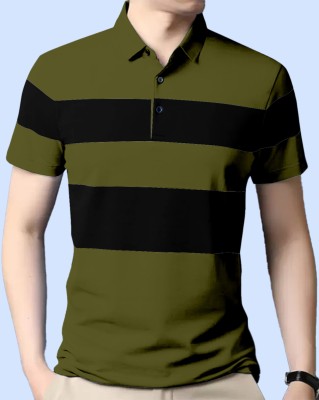 AOOSH Striped Men Polo Neck Dark Green T-Shirt