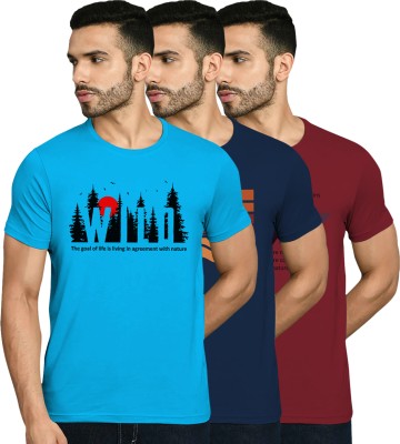 FADMARK Printed Men Round Neck Blue, Dark Blue, Maroon T-Shirt