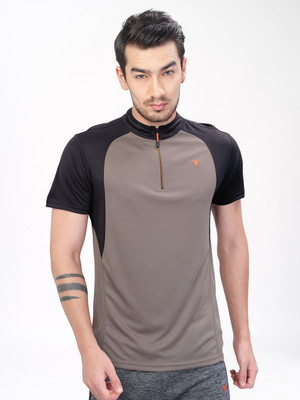 TECHNOSPORT Colorblock Men Mandarin Collar Brown T-Shirt