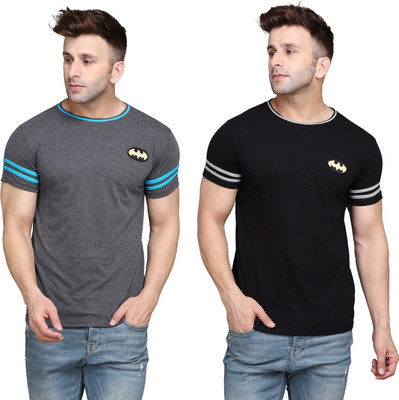 Lawful Casual Striped, Printed Men Round Neck Black, Grey T-Shirt