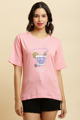 Purser Printed Women Round Neck Pink T-Shirt