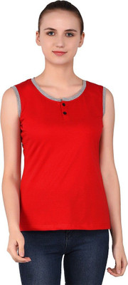 Trendfull Solid Women Henley Neck Red T-Shirt