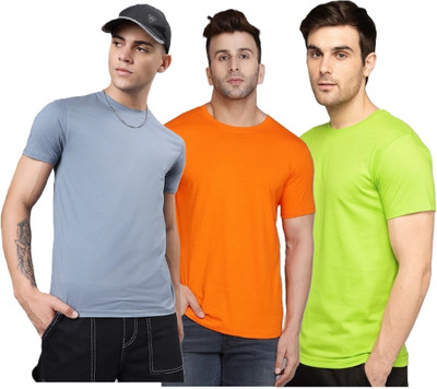 FIVEFEB Solid Men Round Neck Grey, Orange, Light Green T-Shirt