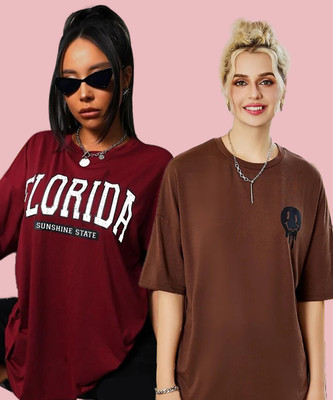 Christy World Printed Women Round Neck Brown, Maroon T-Shirt