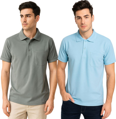 BLACK COOL Solid Men Polo Neck Grey, Light Blue T-Shirt