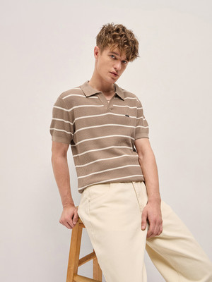 THE BEAR HOUSE Striped Men Polo Neck Brown T-Shirt