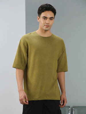 NOBERO Self Design Men Crew Neck Green T-Shirt