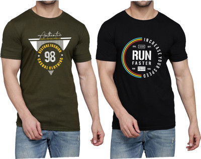 WOOSTRO Printed Men Round Neck Black, Dark Green T-Shirt