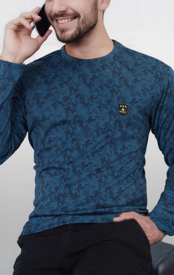 AVOLT Printed Men Round Neck Dark Blue T-Shirt