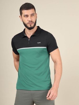 TECHNOSPORT Colorblock Men Polo Neck Green, Black T-Shirt