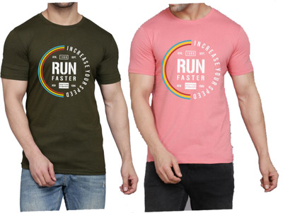 WOOSTRO Printed Men Round Neck Dark Green, Pink T-Shirt